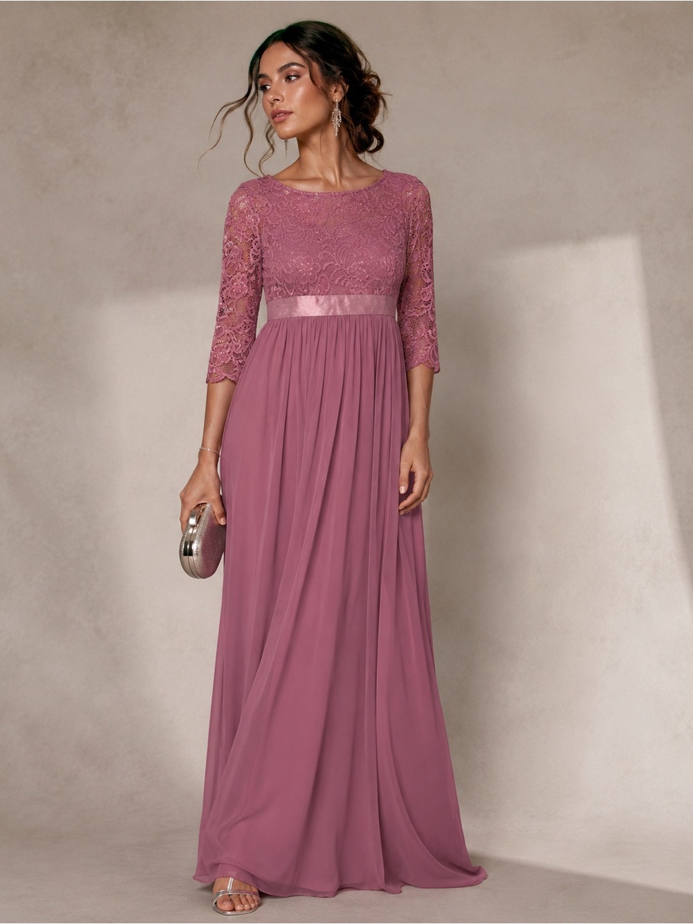 Ever Pretty S Dusty Rose Lace‎ Maxi Dress Empire Waist Formal Bridesmaid Gown